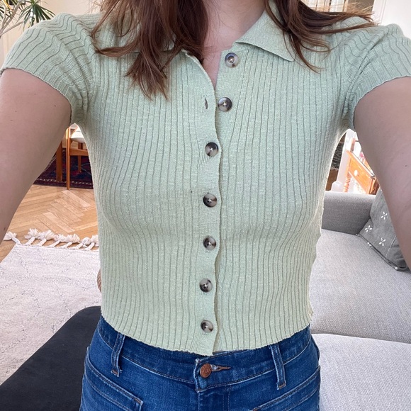 Green Ribbed Button-Up Sweater Tee - Picture 1 of 6